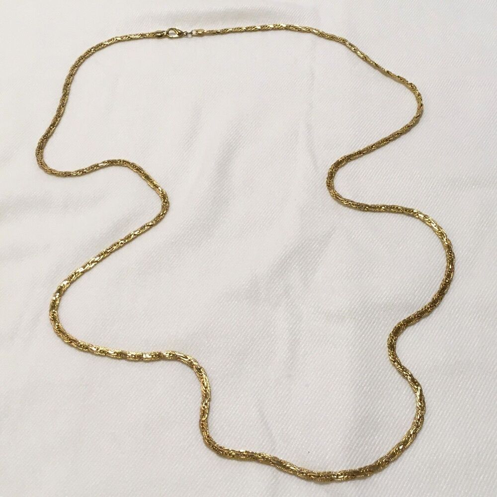 Vintage Gold tone Textured Woven Chain Flat 34" Layering Chain Necklace